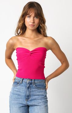 Pink Twist Knot Tube Top Pink Stretch Flirty Tube Top, Flirty Pink Stretch Tube Top, Flirty Stretch Pink Tube Top, Pink Seamless Bandeau Tops, Knot Tube Top, Knit Tube Top, Gauze Skirts, Jumpsuit Navy Blue, Twist Front Top