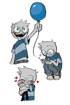 an image of some cartoon characters holding up a balloon and another character with blue eyes