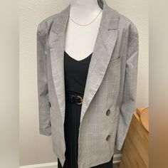 New With Tag. Good Condition. There’s A Tear In The Lining Of The Jacket. See Photos For Reference. Doesn’t Not Affect The Wear Of The Blazer. Easily Fixable. Size: Large (Bust 42”) A Nice Relax Fit. Almost Like A Oversized Blazer. Material: Polyester And Spandex Colors: Black, White, Slight Pink Threading Double Lined, Double Buttons In The Front, Inside Functioning Pocket. Giving 90’s Vibe Great For The Office Or Casual Wear. Would Be Perfect With A Graphic Tee, Jeans, And Sneakers. Gray Blazer With Pockets For Fall, Gray Fall Blazer With Pockets, Chic Gray Workwear Blazer, Trendy Gray Blazer For Winter, Trendy Gray Winter Blazer, Chic Gray Blazer For Workwear, Chic Gray Blazer For Work, Gray Long Sleeve Blazer For Work, Chic Gray Blazer With Pockets