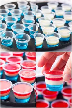 several shots are being filled with red, white and blue jello