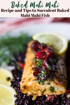 a close up of food on a plate with lemons and cranberry sauce