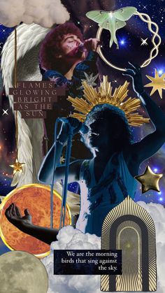 a collage with an image of a woman in the sky and stars above her