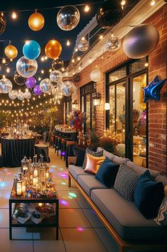 a room filled with lots of lights and balloons