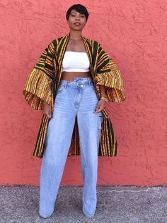 How To Style Wide Leg Jeans, Dope Fashion Outfits, Ankara Crop Top, African Print Kimono, Style Wide Leg Jeans, Afrocentric Fashion, African Inspired Clothing, Diy Clothes Life Hacks, Print Kimonos