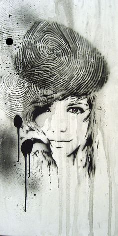 a black and white drawing of a woman's face with an unusual hat on her head