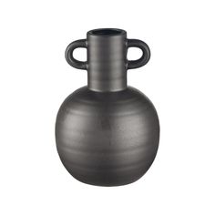 a black vase with two handles is shown on a white background in this image, there are no people around it