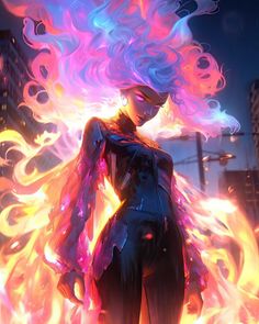 a woman with pink hair standing in front of fire