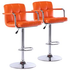 two orange leatherette barstools with chrome base and footrests on white background