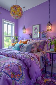 a bed room with a neatly made bed and purple walls