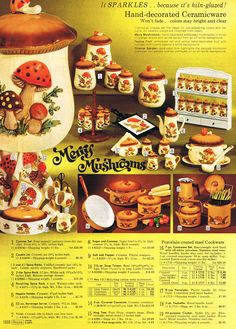 an advertisement for the new kitchenware line from 1971, featuring mushrooms and mushroom - themed dishes