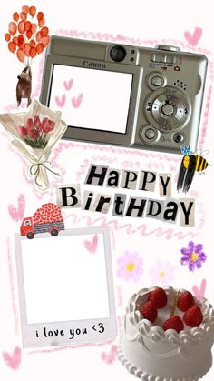 a happy birthday card with an image of a cake, camera and flowers on it