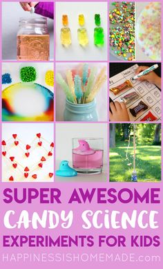 some candy and candies are arranged in this collage with the words super awesome candy science experiments for kids