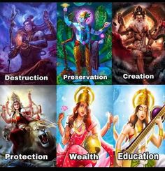 four different pictures with the names of deities and their respective avatars in each picture