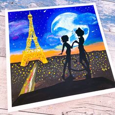 a painting of two girls holding hands in front of the eiffel tower at night