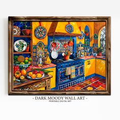 a painting of a kitchen with oranges and blue cabinets on the wall above it