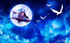 two people are sitting on a flying bird in front of a full moon with birds around them