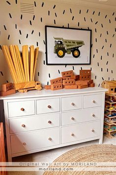 Add a pop of personality to your little one's space with this charming sage green dump truck artwork! Perfect for a boy's bedroom, this vibrant piece adds a playful touch to any room design. Explore more boy room design ideas and inspire creativity! Sage Green Toddler Room, Toddler Rooms Boy, Construction Boys Room, Boy Room Ideas Toddler, Boys Truck Bedroom, Toddler Boy Rooms, Toddler Room Ideas For Boys, Toddler Boy Room Themes, Boys Construction Room