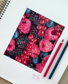 a drawing of raspberries and blueberries with two pencils next to it