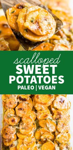 baked sweet potato salad in a casserole dish with a wooden spoon and the title above it