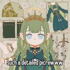 an anime character with long green hair and blue eyes, wearing a tiara in front of