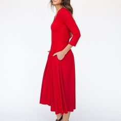 You Can Never Go Wrong With A Dress This Darling, Especially When It's This Flirty And Flowy. This Lighter-Weight, Knee-Length Dress Can Easily Be Classed Up Or Toned Down, Making It The Most Versatile Piece In Your Closet. 44" In Long¾ Sleeves V-Neck 95% Rayon Modal 5% Spandex Wash Cold, Hang Dry Imported (Previously Known As Curie Dress) Striped Jersey Dress, Skater Style Dress, Dark Blue Dress, Beautiful Summer Dresses, Grey Midi Dress, Navy Floral Dress, Red Midi Dress, Printed Midi Dress, Floral Midi Dress