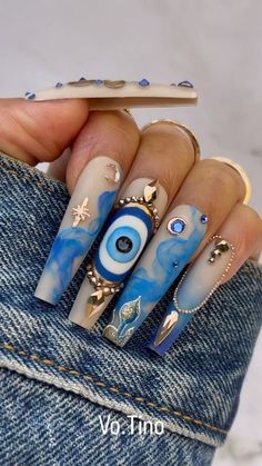 nails | nail art | nail | nail designs | nail polish | nail design | nail idea | nail art designs White Fancy Nails Art Designs, Holloween Nails Blue, Blue Eye Nail Design, Blue Evil Eye Acrylic Nails, Blue Nailsdesign, Blue Crystal Nails, Spiritual Nails Designs, Nail Nail Designs, Carpet Ideas 2023