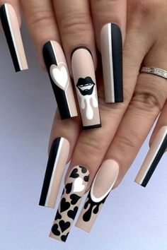 Black And White Nail, Bad Nails, Black And White Nail Art, Wow Nails, Punk Nails, Long Nail Designs, White Nail Art