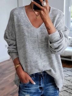 Cotton Blends V Neck Sweaters & Cardigans is fashionable and cheap, come to Rosegods to find out about the Clothing V Top Outfit, Splicing Sweater, Unique Women Tops, V Top, Bohemian Blouses, Pullover Outfit, Top Outfit, Comfortable Style, Drop Shoulder Sweaters