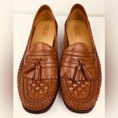 Brass Boot Loafers Men’s Size 10 M Walking Gloves Brown Leather Tassel Kiltie Weave Classic Woven Leather Loafers, Casual Brown Tassel Loafers For Galas, Groomsmen Shoes, Woven Loafers, Ball Pump, Saddle Fitting, Gucci Hat, Cuffed Joggers, Leather Boat Shoes