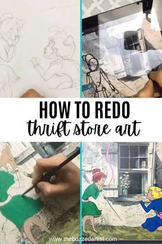 how to redo thrift store art with pictures and text overlay that reads, how to redo thrift store art