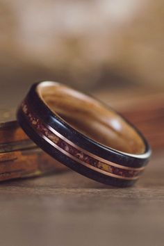 Natural, Weathered Whiskey, Flowers, Rose Gold Inlays Wooden Womens Wedding Ring, Ring With Flowers, Wood Wedding Rings, Wood Rings Women, Alternative Ring, Rustic Wedding Bands, Wedding Bands For Women, Wood Wedding Ring, Unique Wedding Band