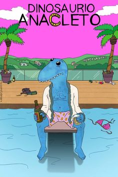 a blue dinosaur sitting on top of a chair next to a lake and palm trees