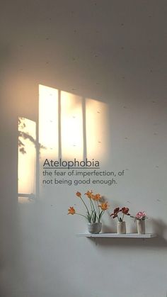 three white vases with flowers are on a shelf in front of a wall that reads atelphobia