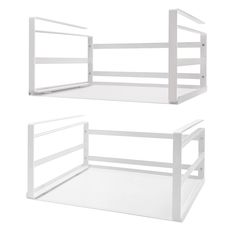 two white shelves that are next to each other