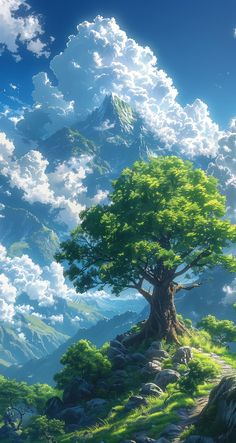 a tree on top of a hill with clouds in the sky above it and grass below