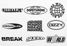 various logos and stickers are shown in black on a white paper background with the words,