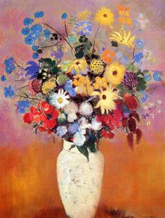 a painting of colorful flowers in a white vase