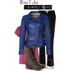 a blue jacket, black pants and brown boots are featured in this ad for the women's clothing line