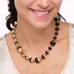 Bellezza 18" Bronze Black Chalcedony Beaded Necklace Dynamic vintage jewelry inspires this necklace's metal-meets-stone design. You'll love that a classic color combo and a flowing, graduated design make the piece fab for giving outfits a tasteful dash of drama.       Approx. 18"L x 1/2"W with 2" extender      Bronze; goldtone; polished finish      Chain-link extender: lobster-claw clasp     Each bead is black chalcedony, half of which is covered with bronze overlay     Hand-assembled   Stone In Formal Faceted Beads Necklaces, Formal Necklaces With Large Beads, Bronze Necklace With Gemstone Beads, Vintage Bronze Beaded Necklace With Large Beads, Formal Black Faceted Beaded Necklaces, Black Faceted Beads Costume Jewelry Necklace, Cheap Multi-strand Black Beaded Jewelry, Color Bands, Beauty Crafts