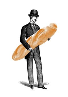 a drawing of a man in a suit and tie holding a large piece of bread