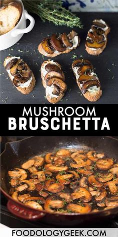 mushroom bruschetta in a skillet with mushrooms on the side