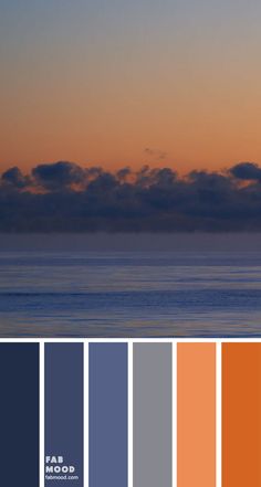 an ocean scene with the sun setting and clouds in the sky over the water, as well as color swatches