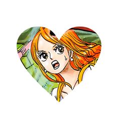 a drawing of a girl with red hair in the shape of a heart