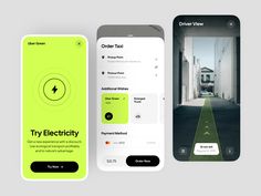 three smartphones displaying the app design for an electric vehicle charging station, and one that is connected to a cell phone