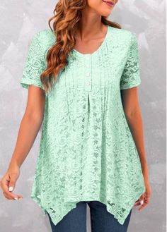 Size:XL;Size:L;Size:M;Size:S;Color:Mint Green;Neckline:Round neck;Decoration:Handkerchief Hem;Sleeve&apos;s Length:Short Sleeve;Pattern Type:Solid;Package Contents:1 X T Shirt;Clothing&apos;s Length:Long;Washing Instructions:Hand Wash;Season:Summer;Color Scheme:Green;Occasion:Staycation;Composition:95%Polyester , 5%Spandex;Style:Casual; Cheap Solid Color Scoop Neck Tops, Cheap Short Sleeve Scoop Neck Top For Summer, Cheap Solid Color Tops With Scoop Neck, Cheap Women's Scoop Neck T-shirt, Cheap Solid Color Scoop Neck T-shirt, Lace Shirts, Stitch T Shirt, Womens Tops Dressy, Lace Tshirt