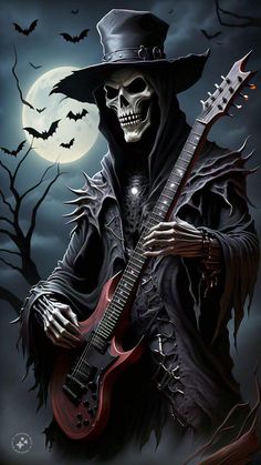 a skeleton playing an electric guitar in front of a full moon