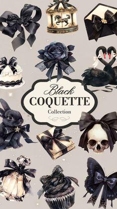 the black coquette collection is shown in this image, with skulls and bows on it