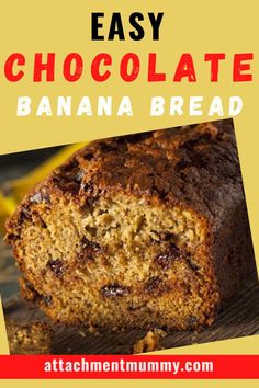 banana bread with chocolate on top and text overlay