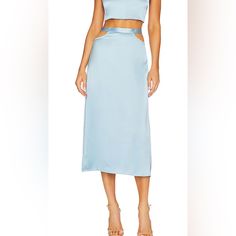 Nwt- Weworewhat X Revolve Cut Out Midi Skirt In Airy Blue - New With Tags - Soft Satin Fabric - Side Cut Outs - Back Half Zip - Midi Length - Ties In Back Measurements In Photos Blue Pencil Maxi Skirt For Spring, Chic Blue Midi Length Bottoms, Blue Midi-length Bottoms For Party, Chic Light Blue Midi Skirt, Blue Relaxed Skirt For Night Out, Blue Relaxed Fit Skirt For Night Out, Light Blue Skirt For Night Out In Spring, Light Blue Skirt For Spring Night Out, Blue Midi Bottoms For Night Out