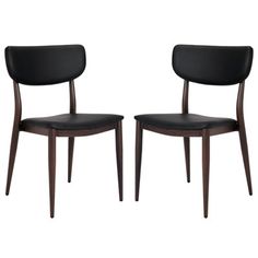 two black leather chairs with wooden legs and backrests, one is upholstered